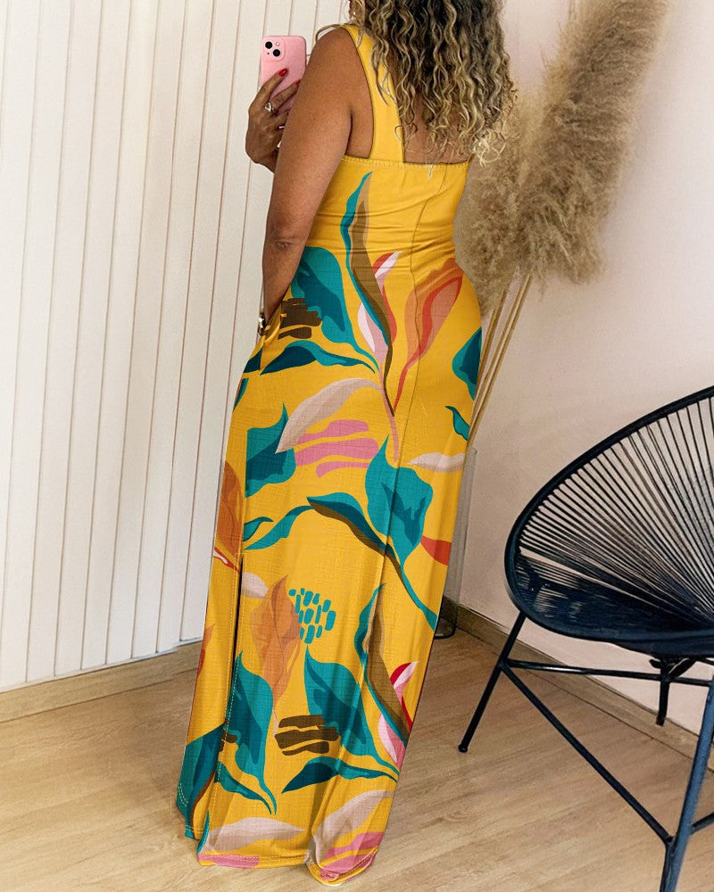 Tropical Print Thick Strap U neckline Slim Fit Slit Maxi Dress Vocation Dress with Pockets