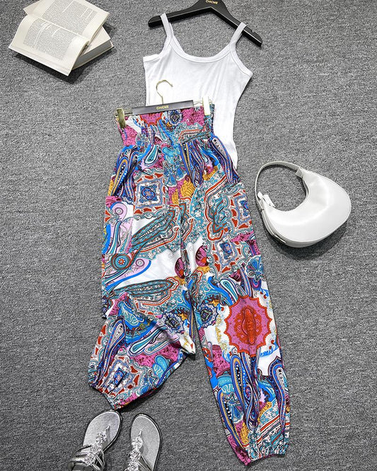 Tribal Print Shirred High Waist Cinched Hem Long Pants Vacation Pants with Pocket