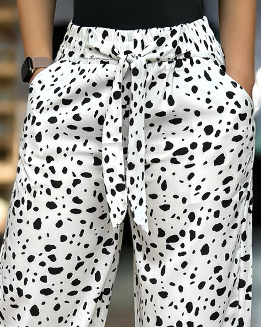 Leopard Pattern Tied Detail Drawstring Wide Leg Pants Casual Pants