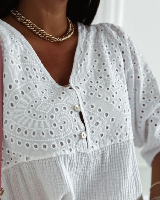 Eyelet Embroidery V Neck Long Sleeve Blouse Casual Button Front Top