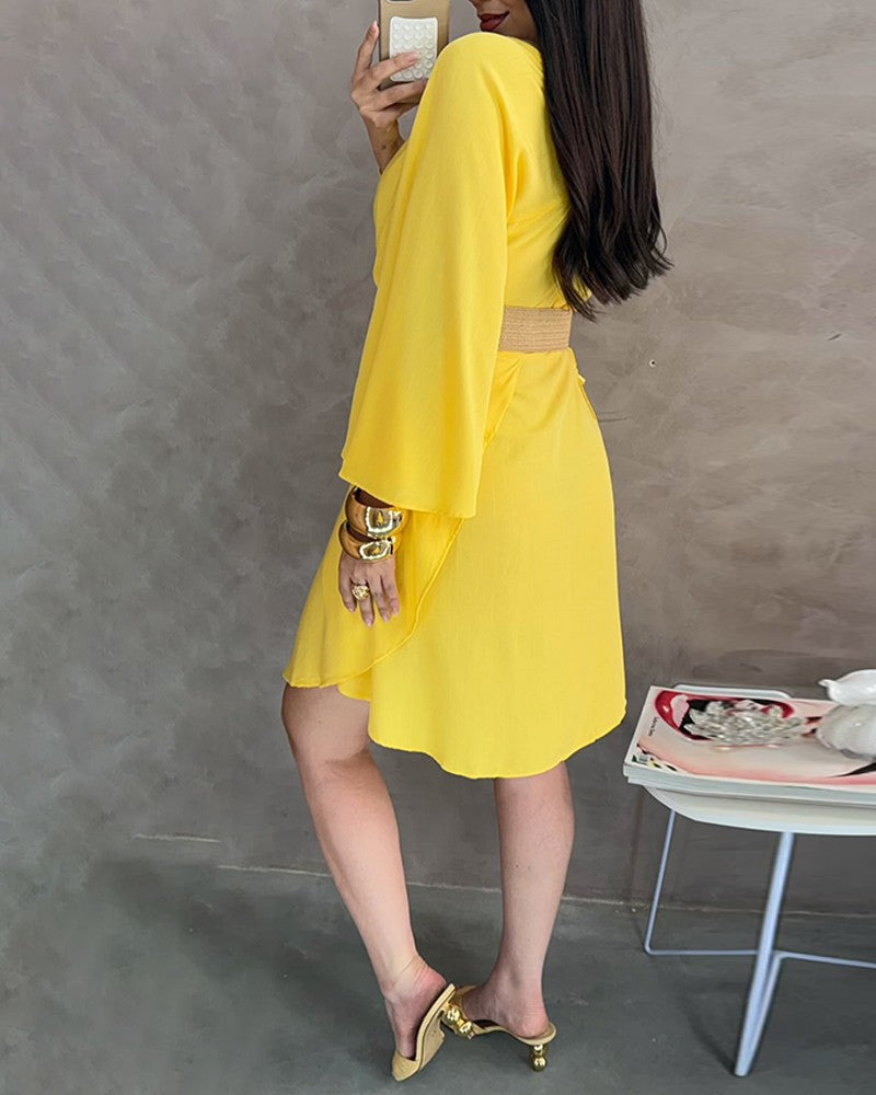 V Neck Batwing Sleeve Asymmetrical Hem Dress Casual Flowy A Line Waist Dress
