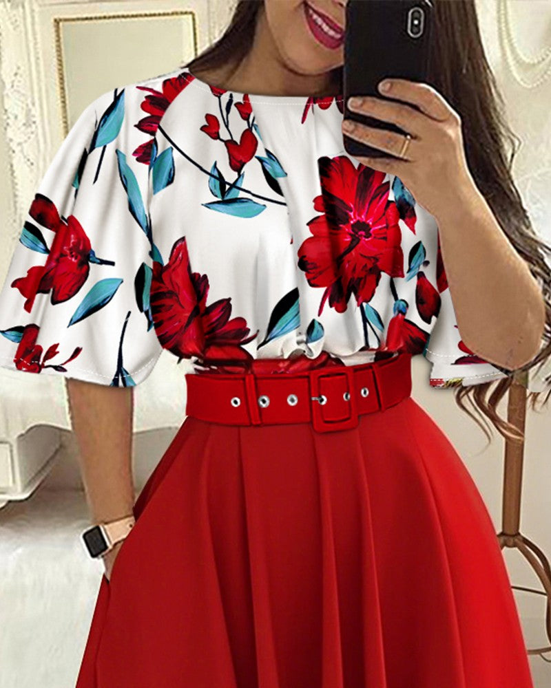 Floral Print Batwing Sleeve Top A line Pocket Dress with Belt