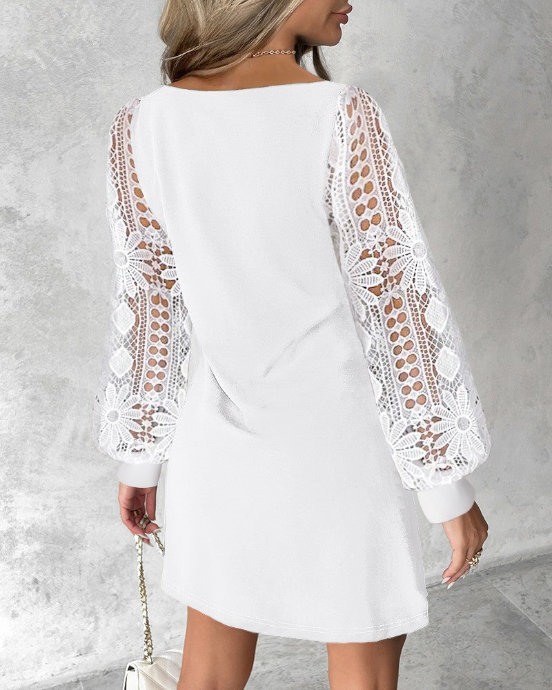 V Neck Long Sleeve Lace Patch Casual Mini Dress