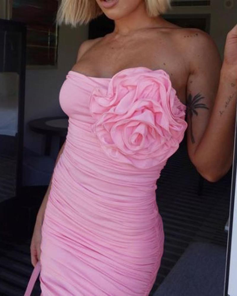 Rose Detail Ruched Slit Party Dress