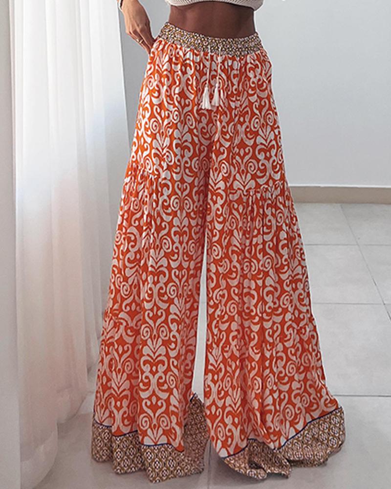 Tribal Print High Waist Lace Up Flared Pants Casual Wide Leg Pants