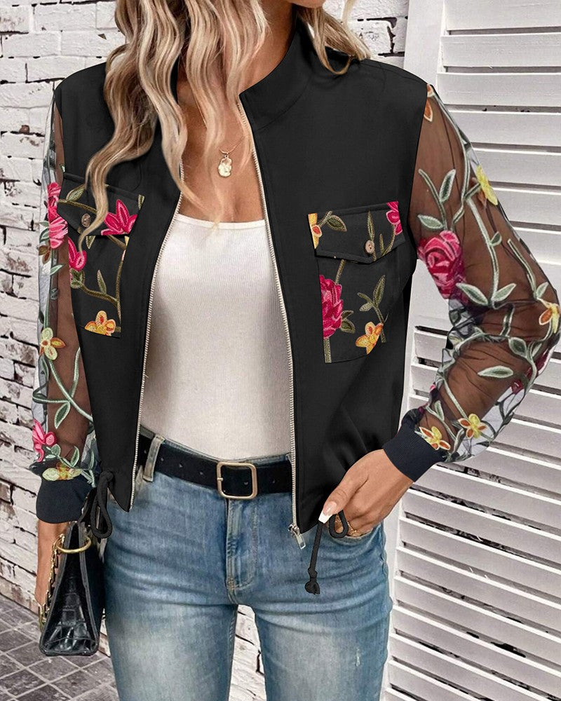 Floral Embroidery Stand Collar Sheer Mesh Long Sleeve Jacket Zipper Drawstring Casual Coat with Pockets