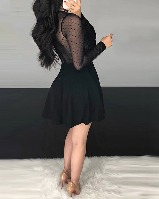 Dot Mesh Ruffles Long Sleeve Dress