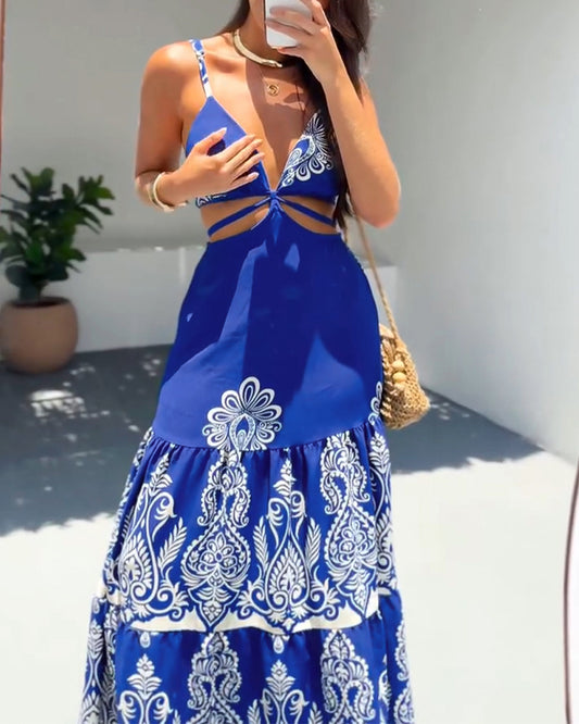 Floral Print Plunge V Neck Adjustable Spaghetti Strap Dress Casual Hollow Out A Line Vacation Dress