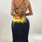 Butterfly Sunflower Print Fishnet Backless Bodycon Dress