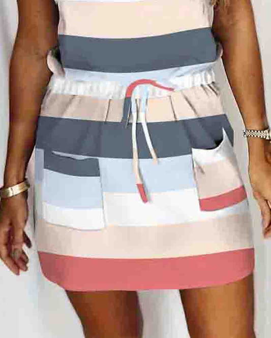 Striped Colorblock Drawstring Sleeveless Casual Dress