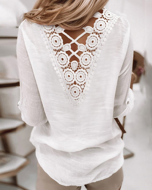 Contrast Lace Button Decor V Neck Top