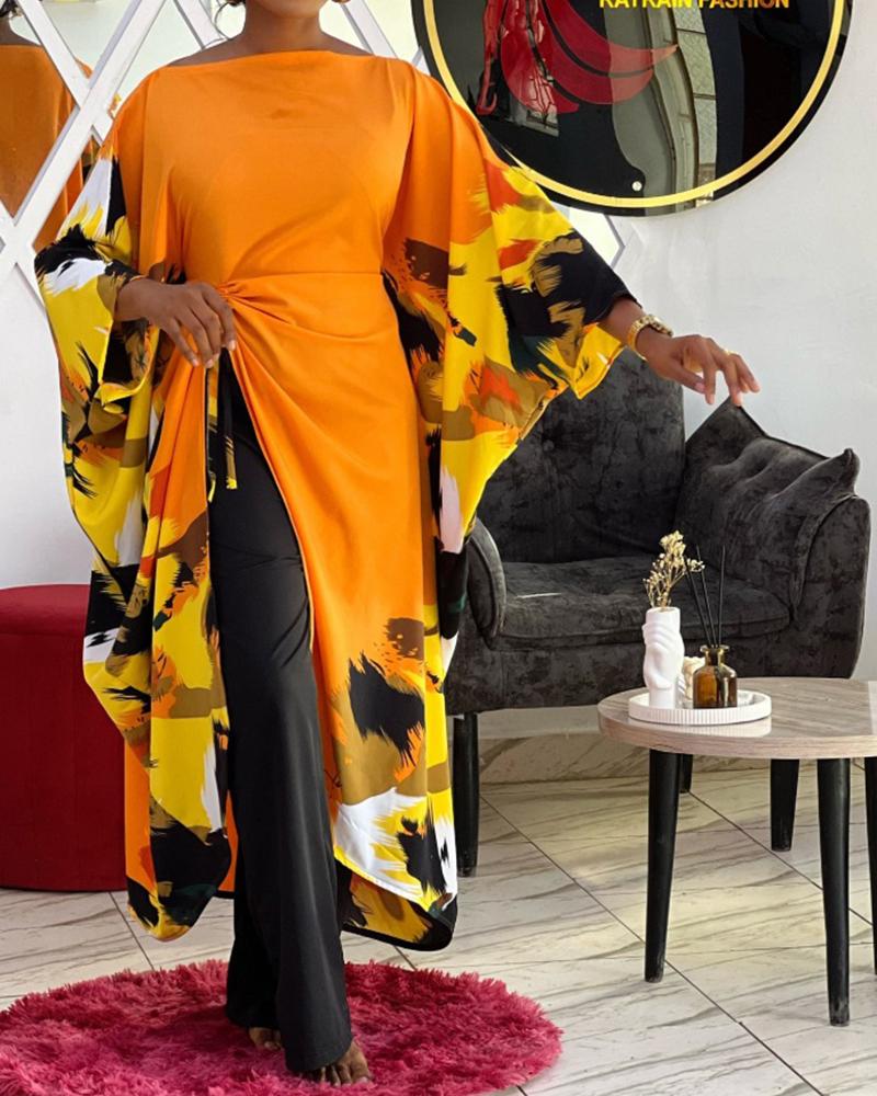 Abstract Print Boat Neck Batwing Sleeve Asymmetrical Slit Dress