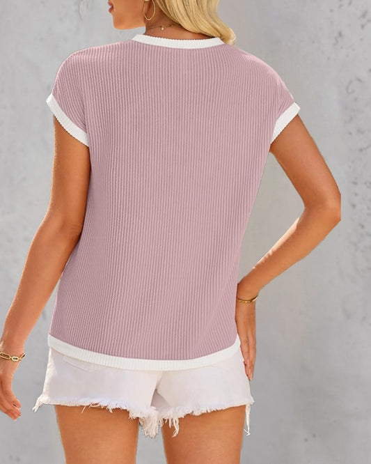 Colorblock Round Neck Short Sleeve Ribbed T Shirt Casual Loose Fit Kni Top