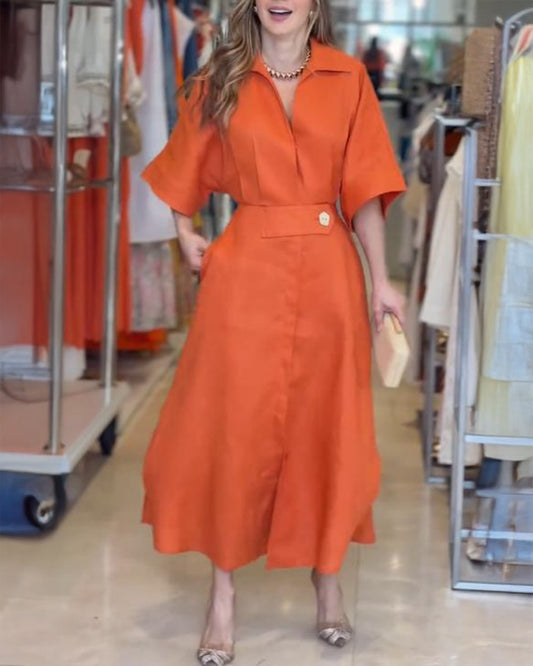 Turn down Collar Half Sleeve Maxi Dress Casual Waisted Slit Shirt Dress