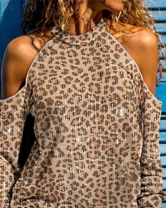 Leopard Pattern Contrast Sequin Cold Shoulder Top Long Sleeve Casual T shirt