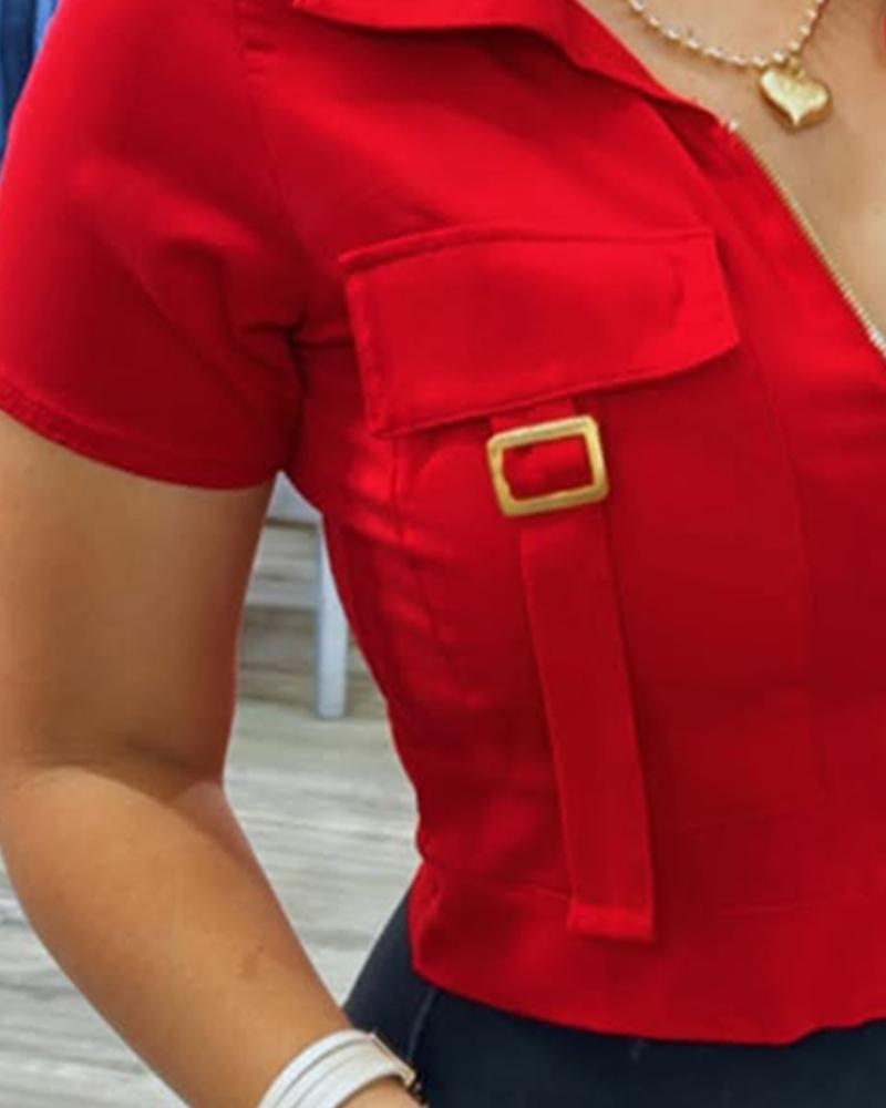 Turn down Collar Front Zipper Short Sleeve Buckle Blouse Casual Top