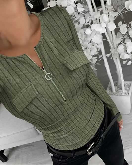 Long Sleeve Half Zip Flap Detail Ribbed Tee Slim Fit Brushed Top