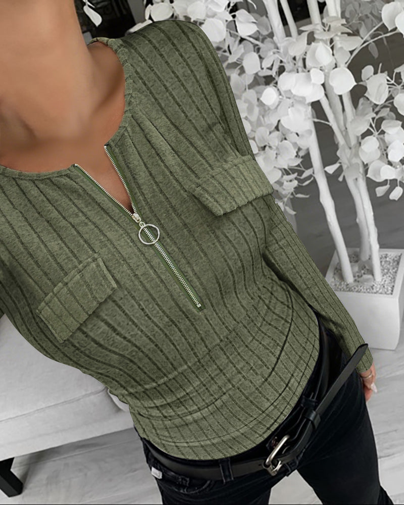 Long Sleeve Half Zip Flap Detail Ribbed Tee Slim Fit Brushed Top