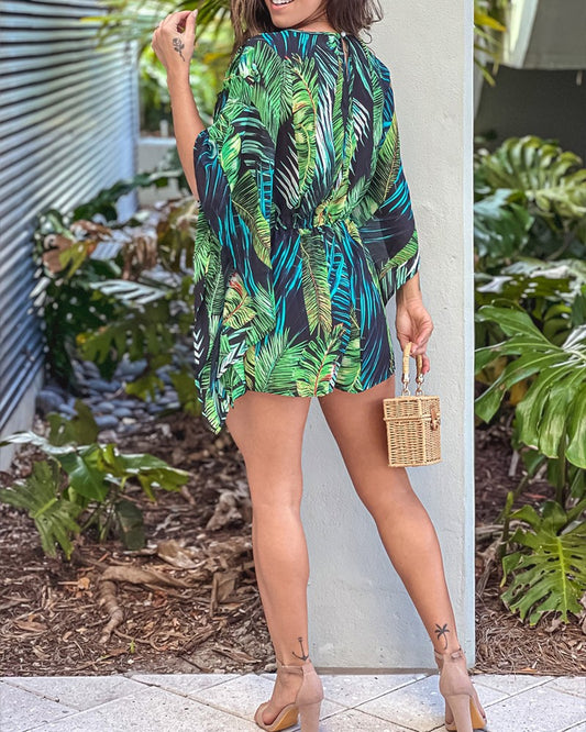 Tribal Print V Neck Batwing Sleeve Waist Romper Casual Loose Fit Holiday Jumpsuit