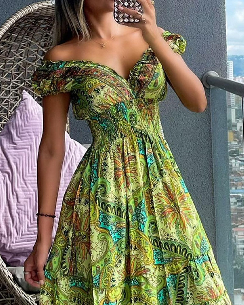 Paisley Print Shirred Short Sleeve Dress