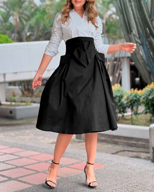 Colorblock Turn down Collar Long Sleeve Shirt Dress Casual Tied Detail Pocket Design Dress
