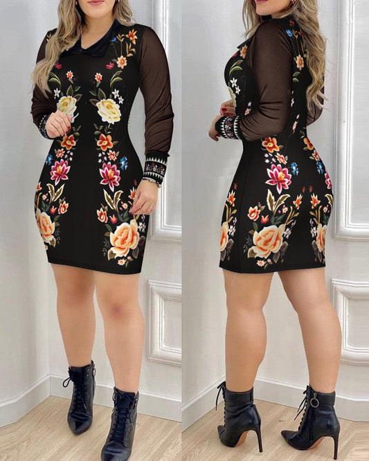 Floral Print See Through Sheer Mesh Long Sleeve Dress Sexy Turn down Collar Bodycon Mini Dress