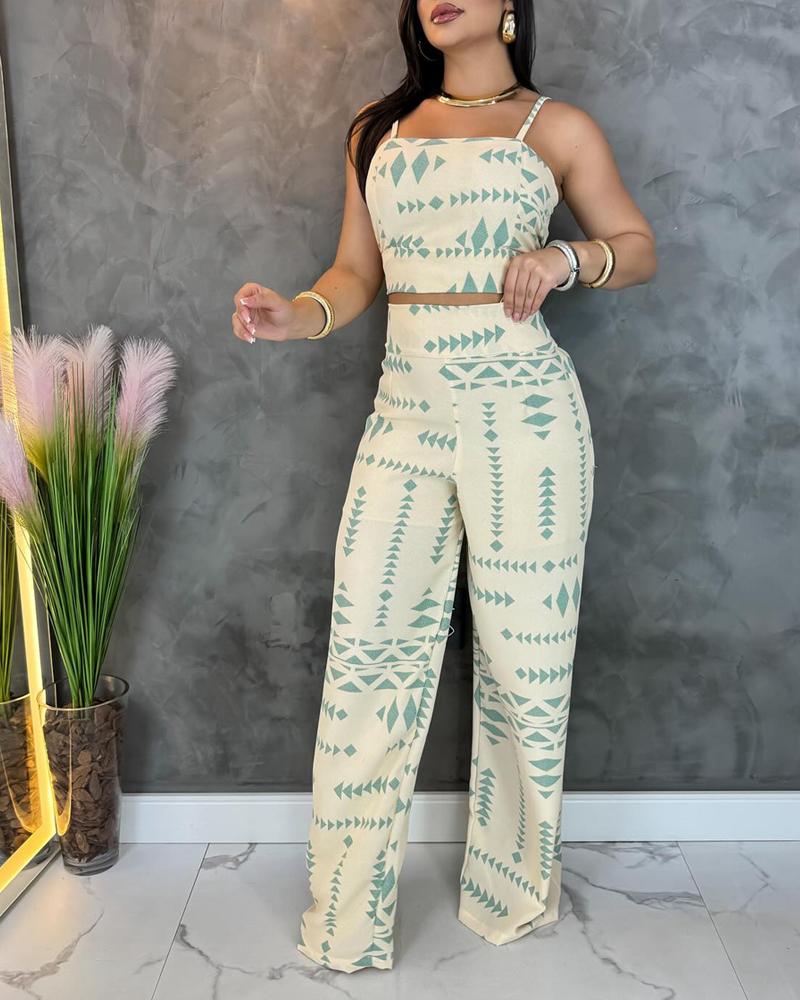 2 Pieces Outfit Geometric Print Spaghetti Strap Tied Detail Tank and Casual Wide Leg Pants Set