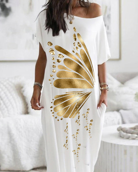Metallic Butterfly Pattern Pocket Detail Maxi Dress