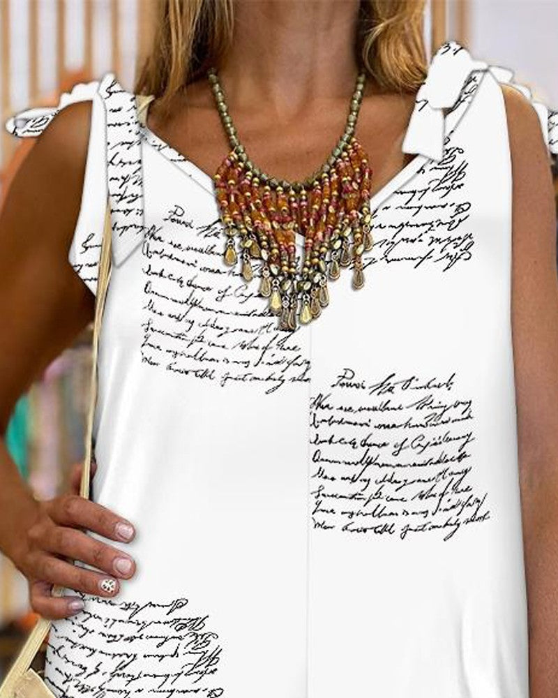 Letter Print V Neck Tied Detail Romper Casual Loose Fit Short Jumpsuit