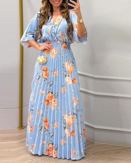 Floral print V Neck Bell Sleeve Waist Pleated Maxi Dress Casual Shirred Flowy A Line Dress