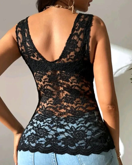 V Neck Embroidery Lace Tank Top