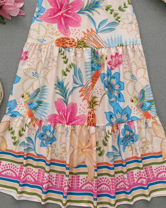 Floral Print Halter Lace up Vacation Dress Casual Flowy A Line Maxi Dress