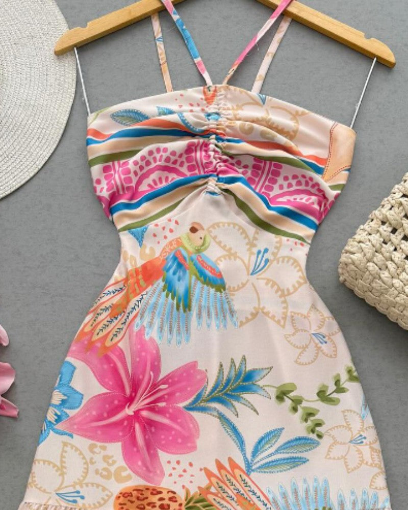 Floral Print Halter Lace up Vacation Dress Casual Flowy A Line Maxi Dress