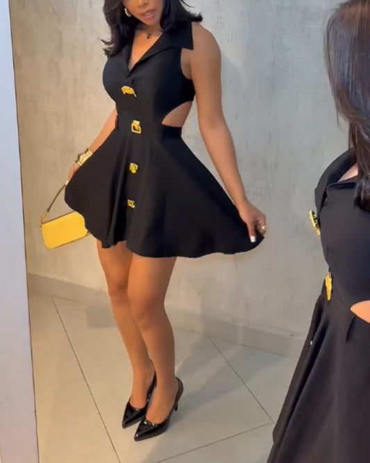 Metal Button Decor Turn down Collar Sleeveless Waist Cutout Party Dress Zipper Back Cinched Waist A Line Dress