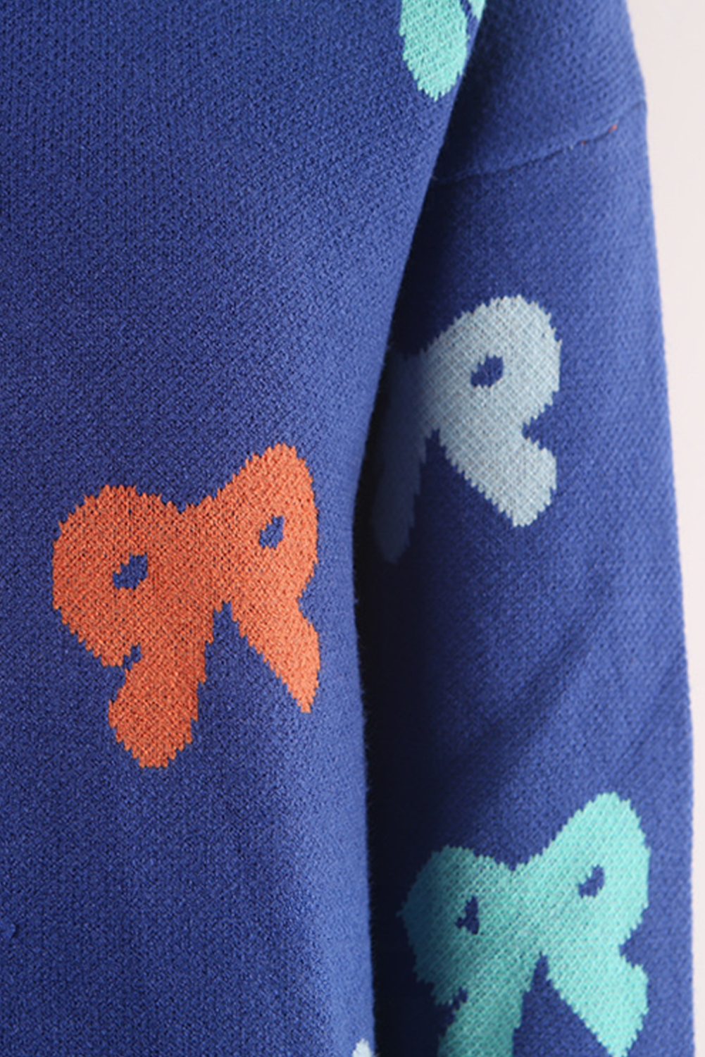 Bluing Valentine Bow Print Crew Neck Drop Shoulder Sweater