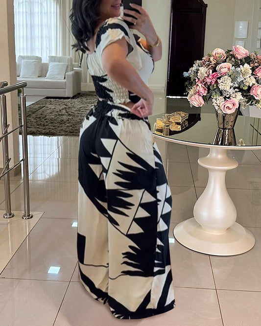 2 Pieces Outfit Floral Print Ruffles Shirred Top and Casual Wide Leg Slit Pants Set