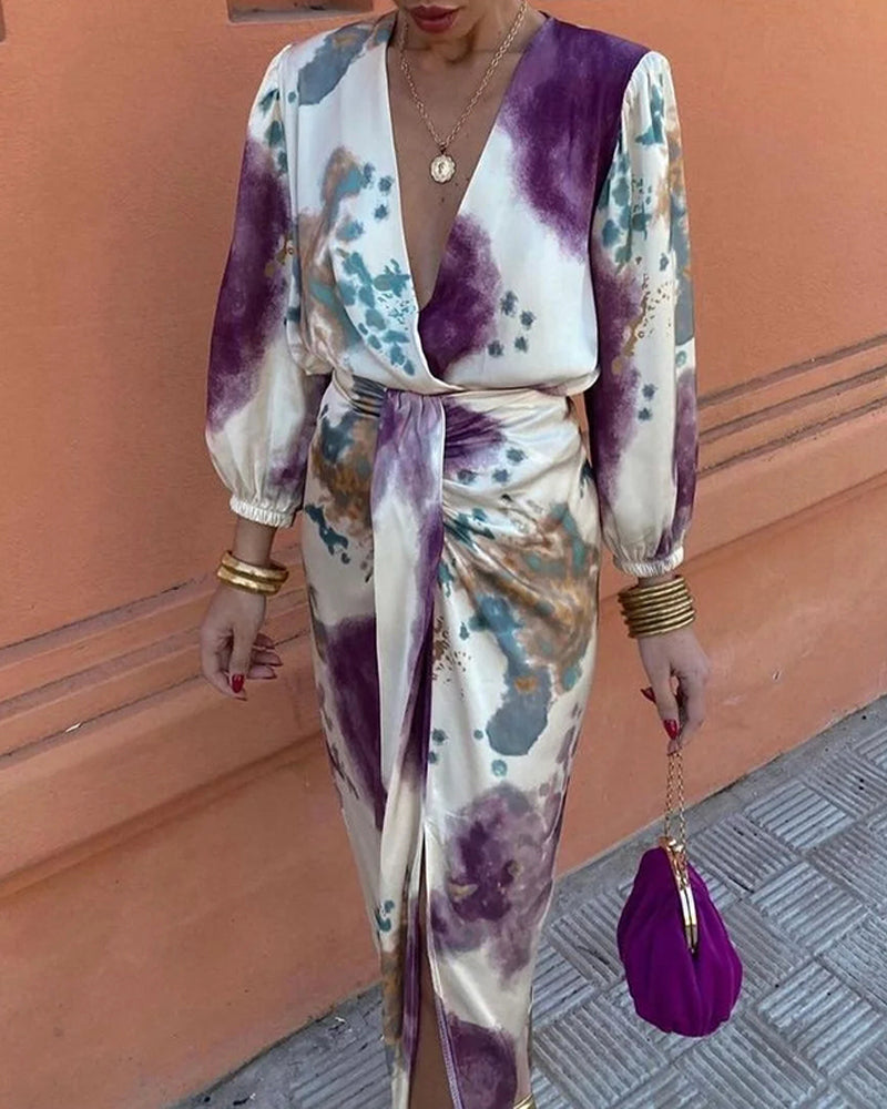 Floral Print Plunge V Neck Long Sleeve Satin Dress Casual Waist High Slit Midi Dress