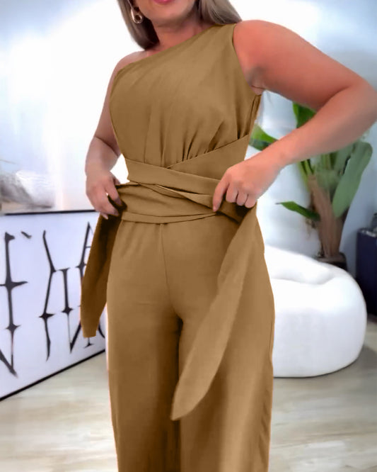 One Shoulder Sleeveless Ruched Cinched Waist Zipper Side Overalls Tied Detail Elastic Waist Wide Leg Jumpsuit