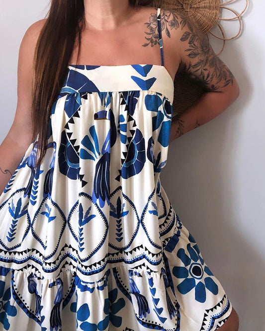 Tropical Print Spaghetti Strap A Line Mini Dress Casual Back Tied Detail Layered Dress
