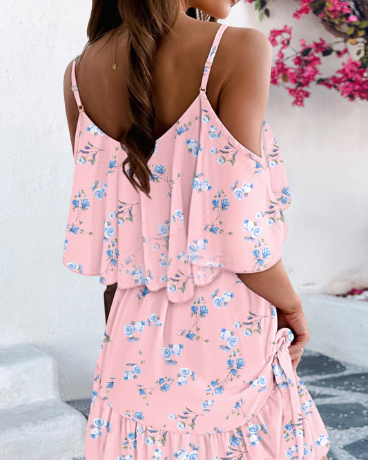 Floral Print Spaghetti Strap Cold Shoulder Dress Casual Flowy A Line Mini Dress