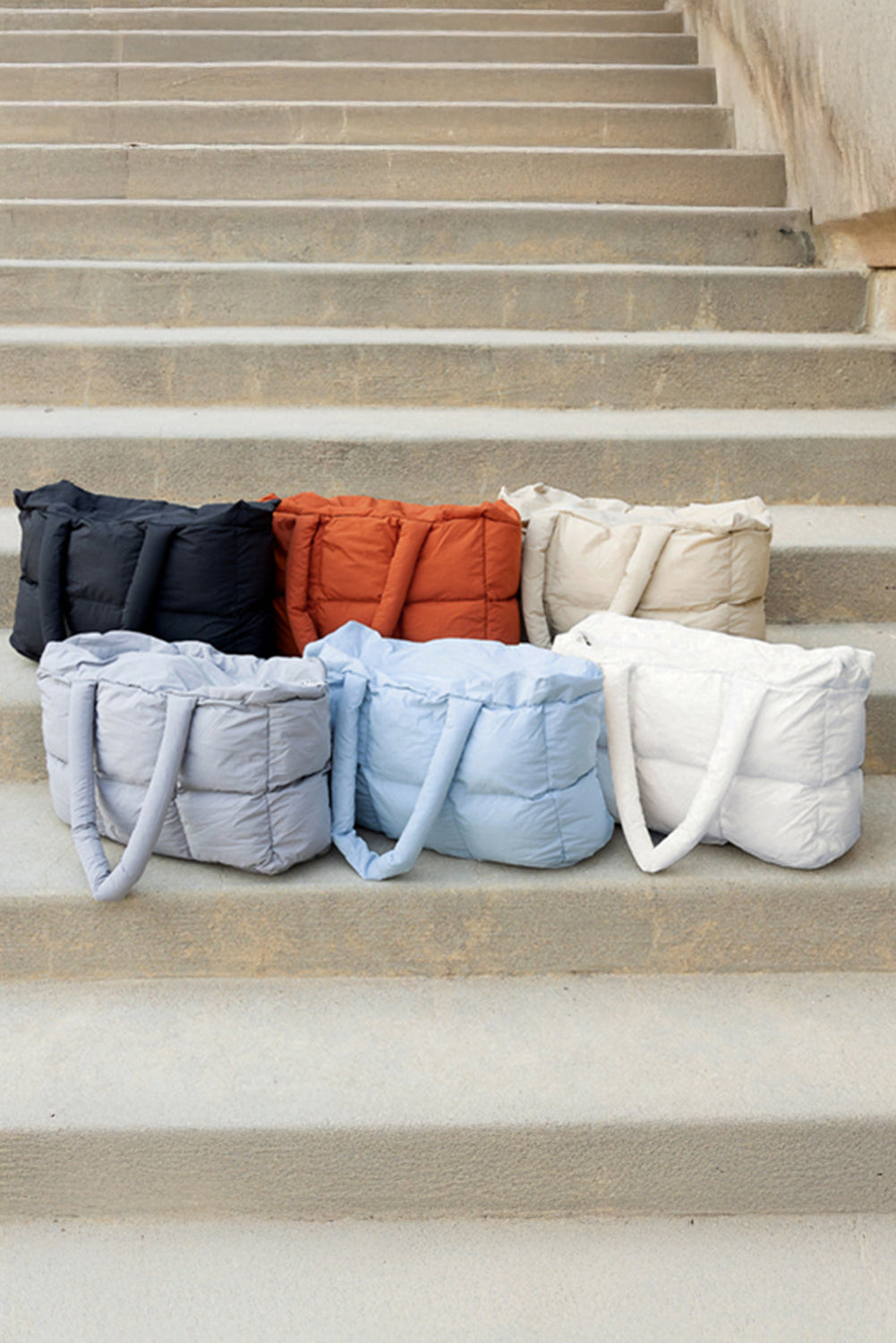 White Solid Quilted Puffy Zipped Large Tote Bag