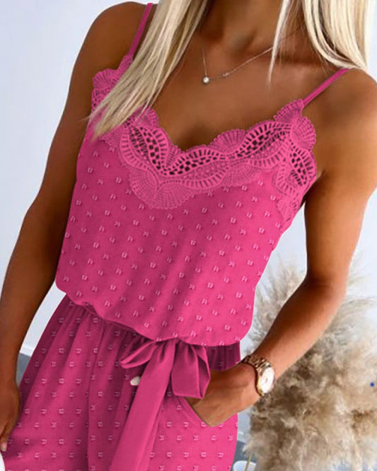Polka Dot Print Contrast Lace Spaghetti Strap Jumpsuit Casual Jacquard Waist Romper