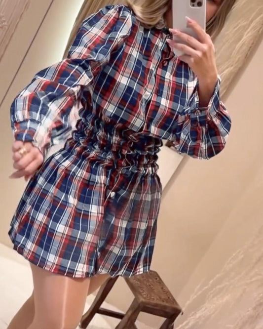 Plaid Print Turn down Collar Button Down Shirred Waist Shirt Dress Casual Waist Gathered A Line Dress