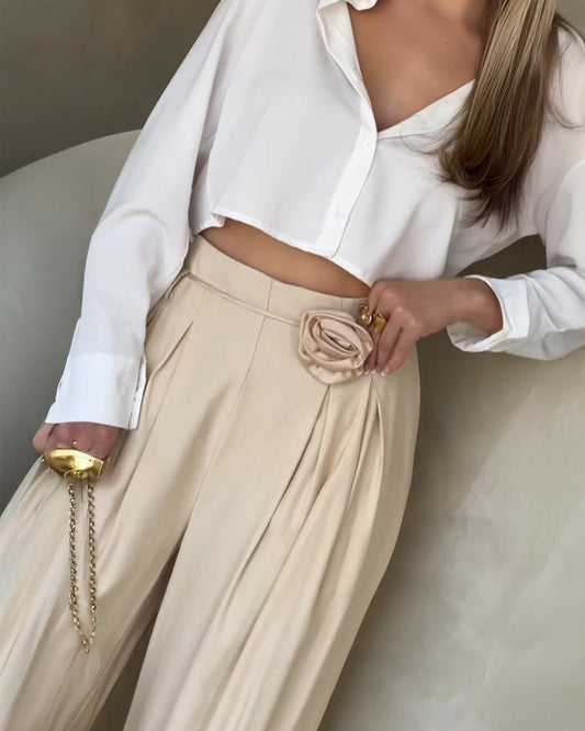 3D Flower Decor Ruched High Waist Wide Leg Pants