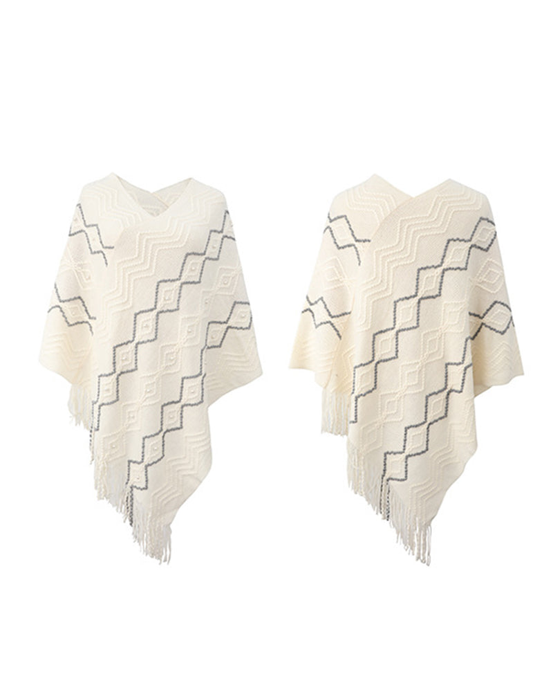 Geometric Pattern Pearls Decor Tassel Design Knit Cape Sweater