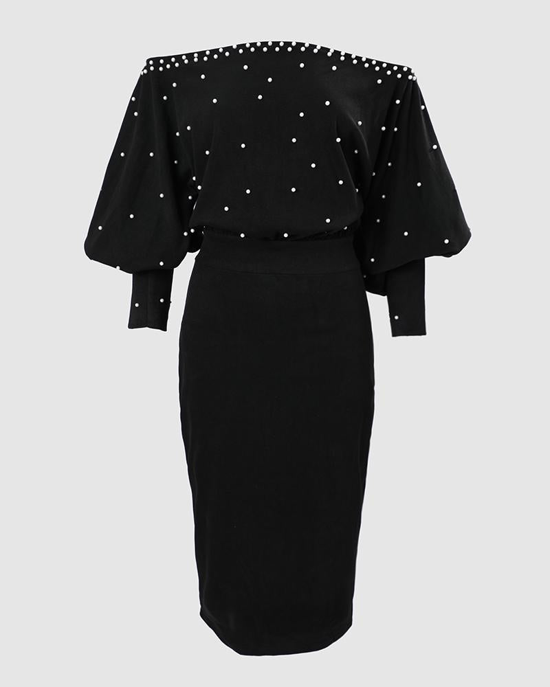 Beaded Decor Off Shoulder Lantern Sleeve Midi Dress