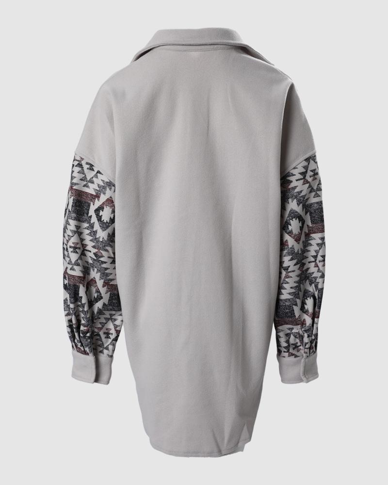 Tribal Print Patch Pocket Long Sleeve Shacket