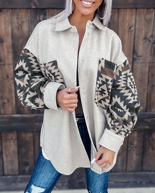 Tribal Print Patch Pocket Long Sleeve Shacket