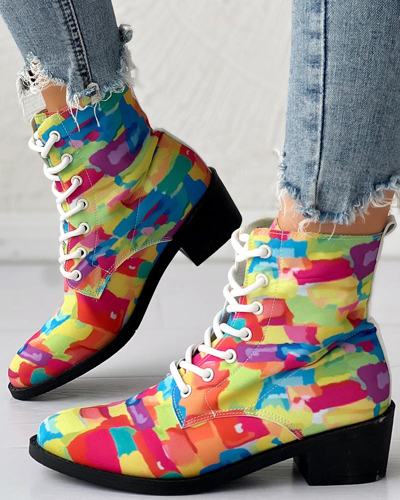 Melting Colors All Over Print Lace Up Ankle Boots