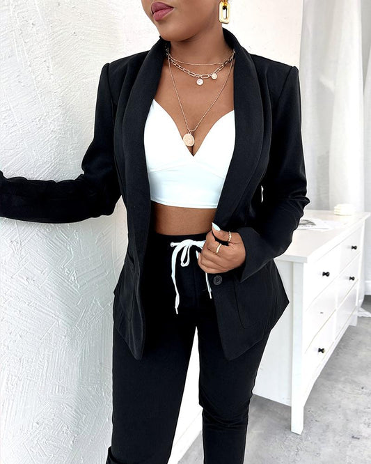 Lapel Neck Blazer Coat & Drawstring Pants Set
